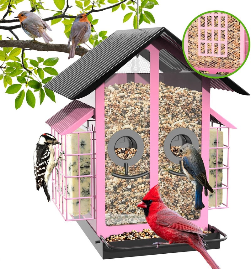 FlowaFoli Bird Feeders for Outdoors, Metal Bird Feeder with Double Suet Cage Weatherproof Metal Roof, 2 in 1 Mixed Seeds Suet Feeder, 4Lbs Large Capacity, Great for Finch、Cardinal、Chickadee（Pink） - Image 1